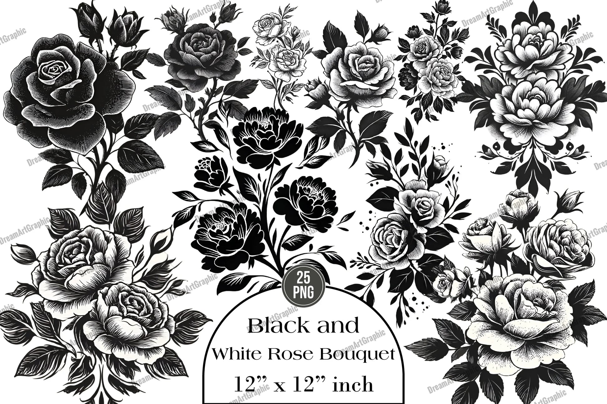 Black and White Rose Bouquet Clipart Bundle - CraftNest - Digital Crafting and Art