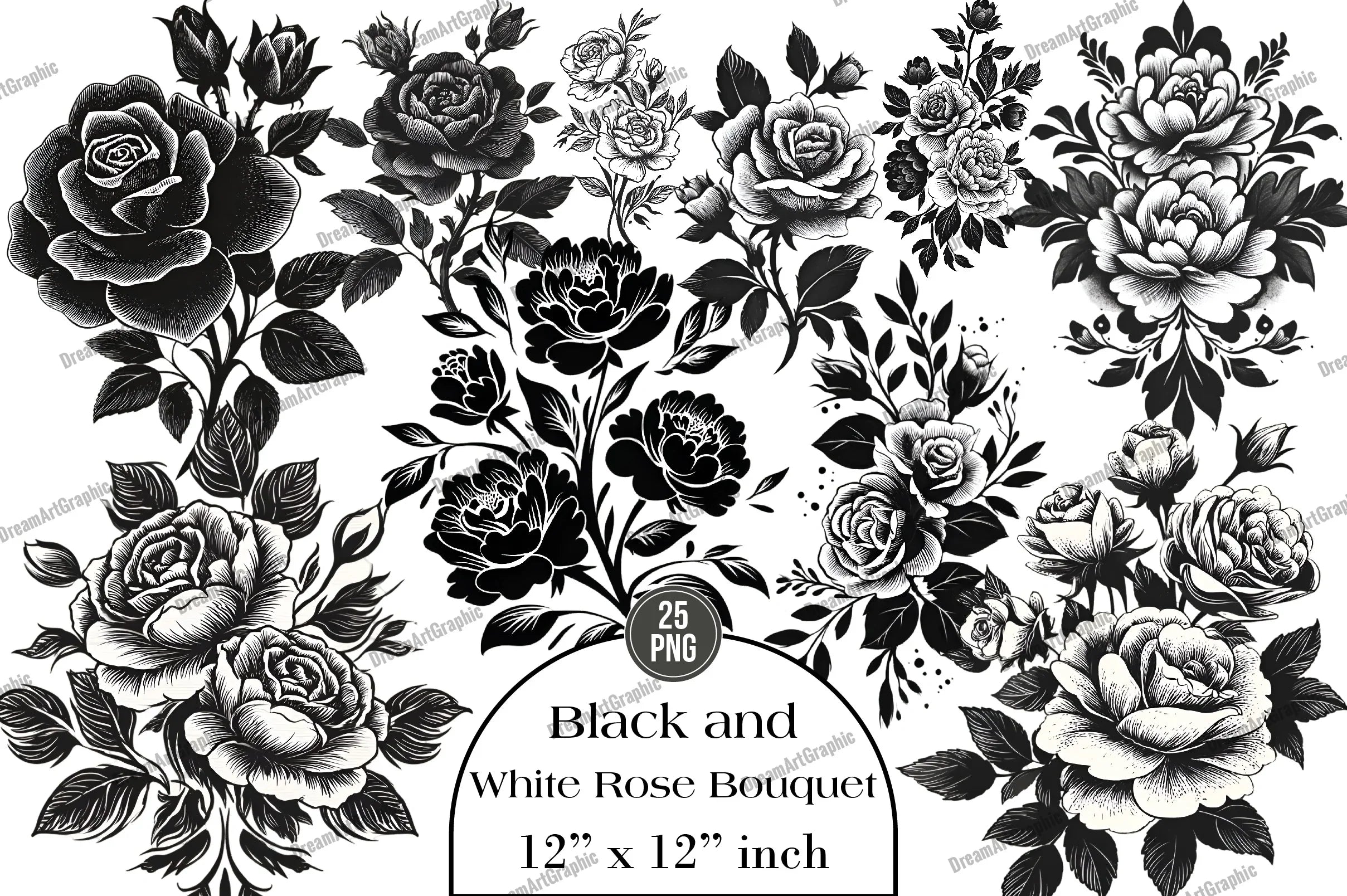 Black and White Rose Bouquet Clipart Bundle - CraftNest - Digital Crafting and Art