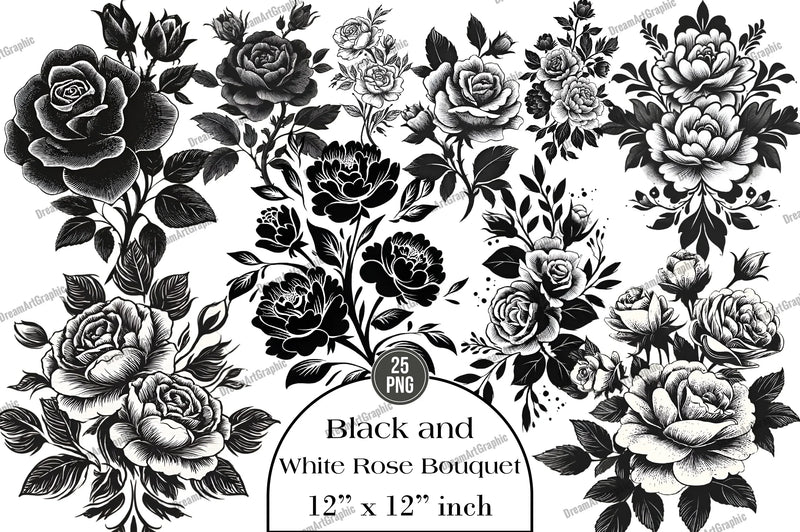Black and White Rose Bouquet Clipart Bundle - CraftNest - Digital Crafting and Art
