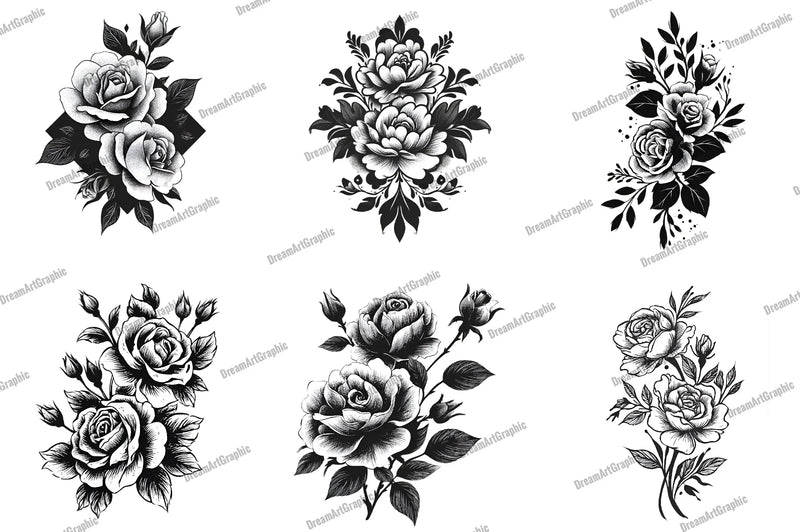 Black and White Rose Bouquet Clipart Bundle - CraftNest - Digital Crafting and Art