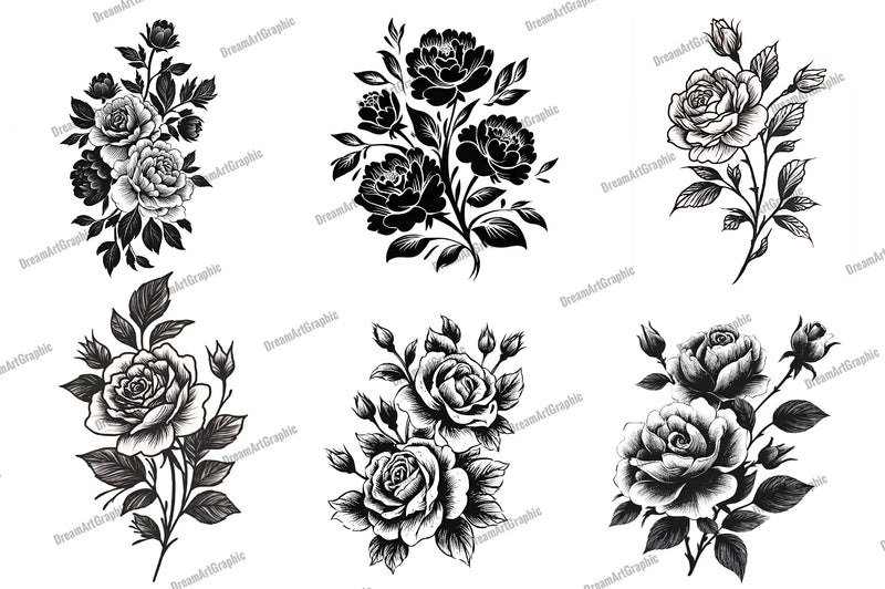 Black and White Rose Bouquet Clipart Bundle - CraftNest - Digital Crafting and Art
