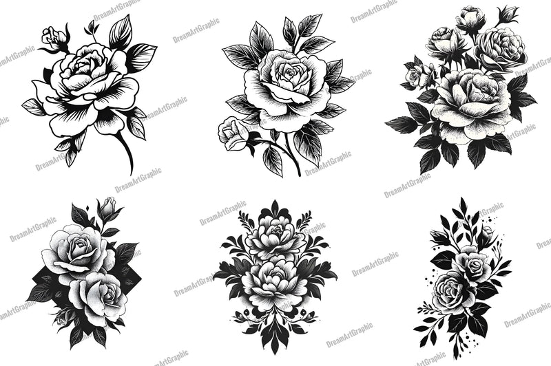 Black and White Rose Bouquet Clipart Bundle - CraftNest - Digital Crafting and Art