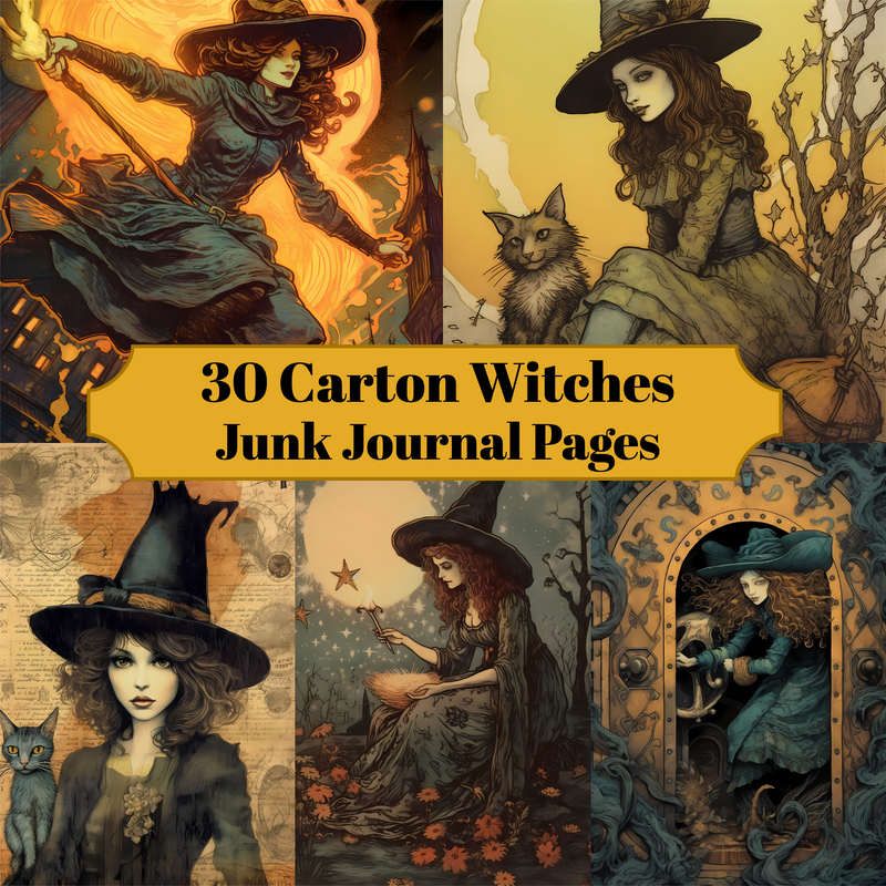 Cartoon Art Witches Junk Journal Pages - CraftNest