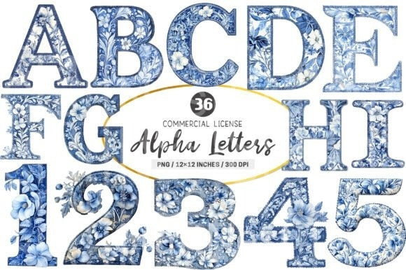 Blue Chinoiserie Alpha Letters Clipart Bundle - CraftNest - Digital Crafting and Art
