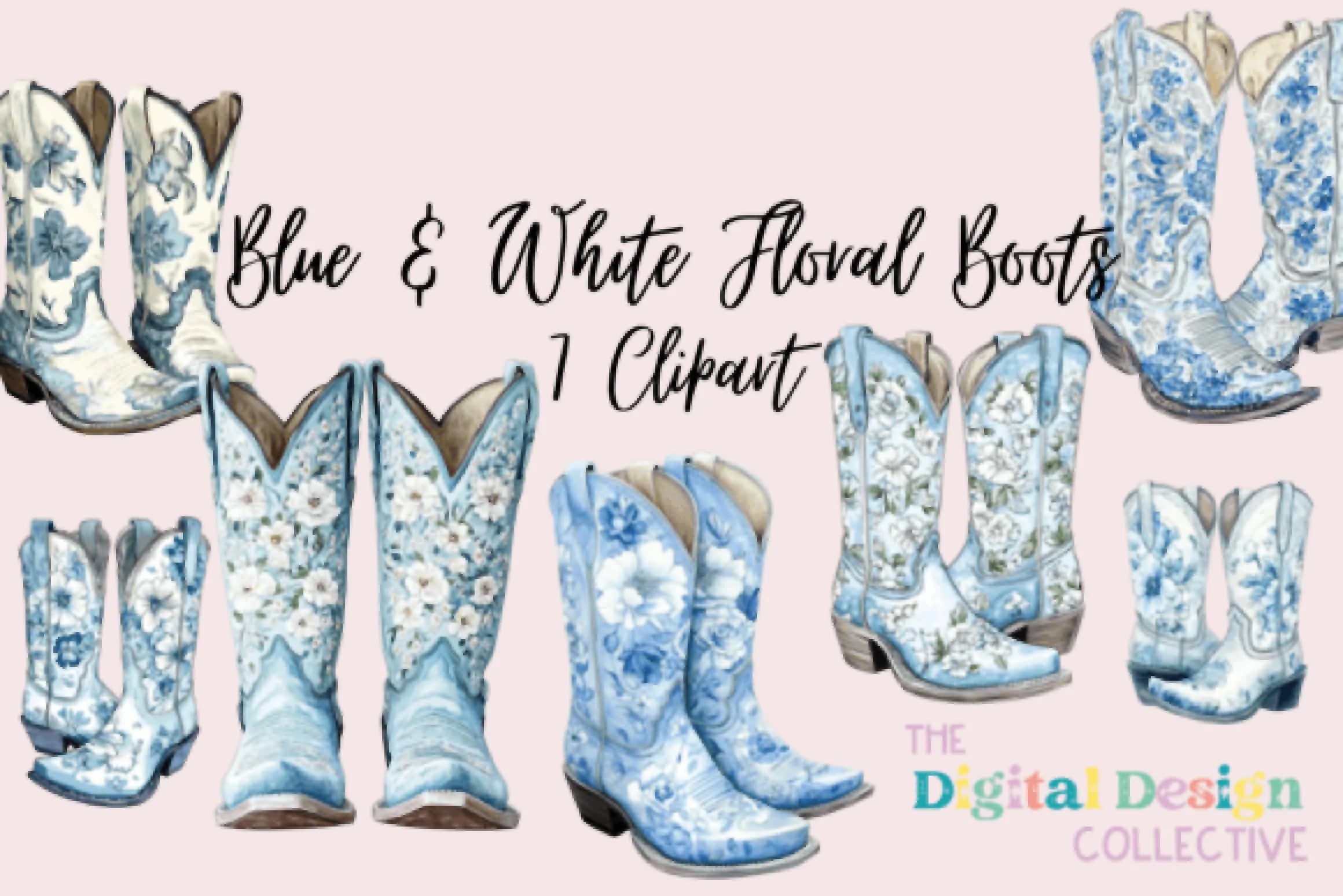 Blue & White Floral Western Boots Clipart Bundle - CraftNest - Digital Crafting and Art