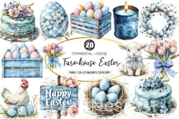 Blue Country Farmhouse Easter Clipart Bundle 45 - CraftNest - Digital Crafting and Art