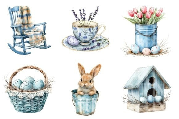 Blue Country Farmhouse Easter Clipart Bundle - CraftNest - Digital Crafting and Art