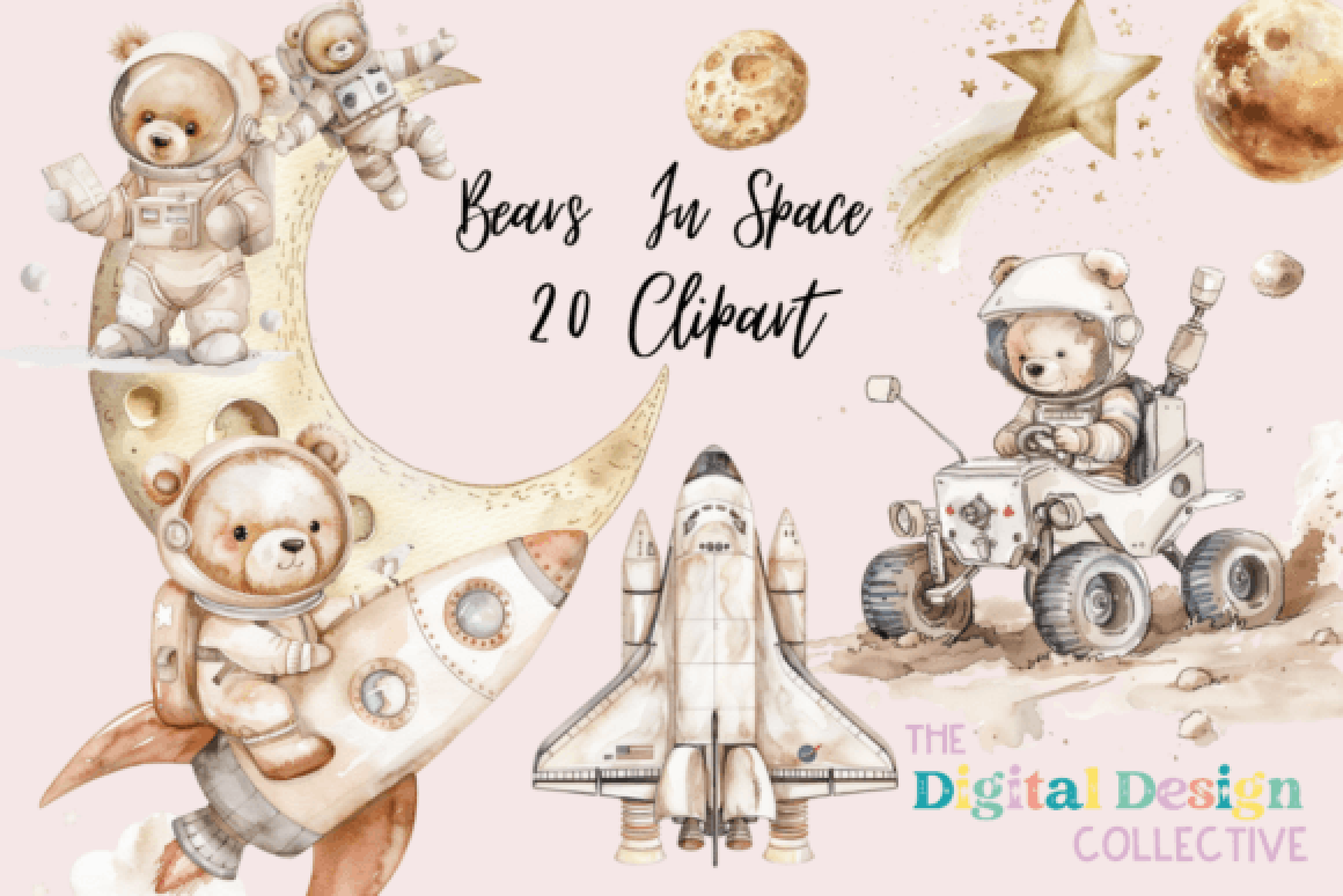 Boho Bears in Space Clipart Bundle