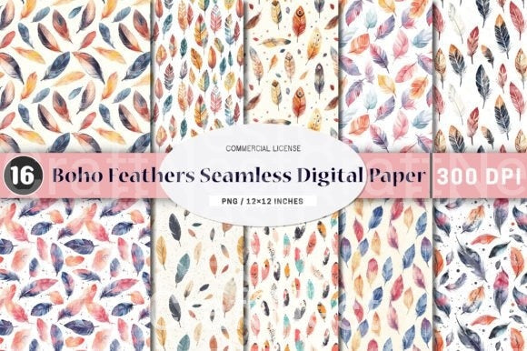 Boho Feathers Seamless Digital Papers - CraftNest - Digital Crafting and Art