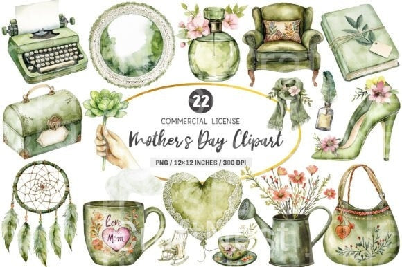 Boho Olive Green Mother's Day Clipart Bundle - CraftNest - Digital Crafting and Art