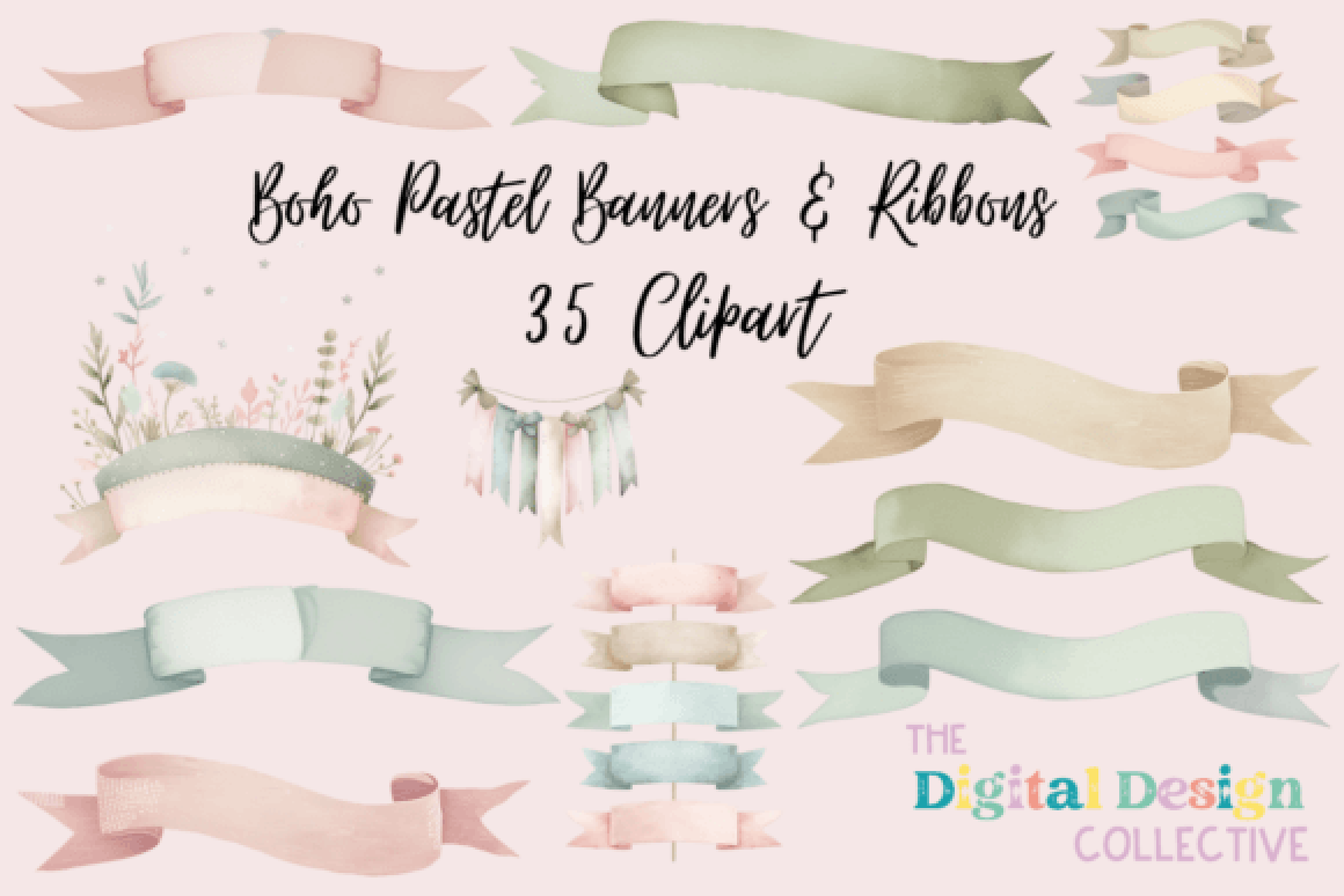 Boho Spring Pastel Banners & Ribbons Clipart Bundle