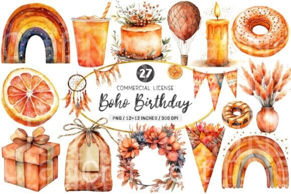 Boho Burnt Orange Birthday Clipart Bundle - CraftNest - Digital Crafting and Art