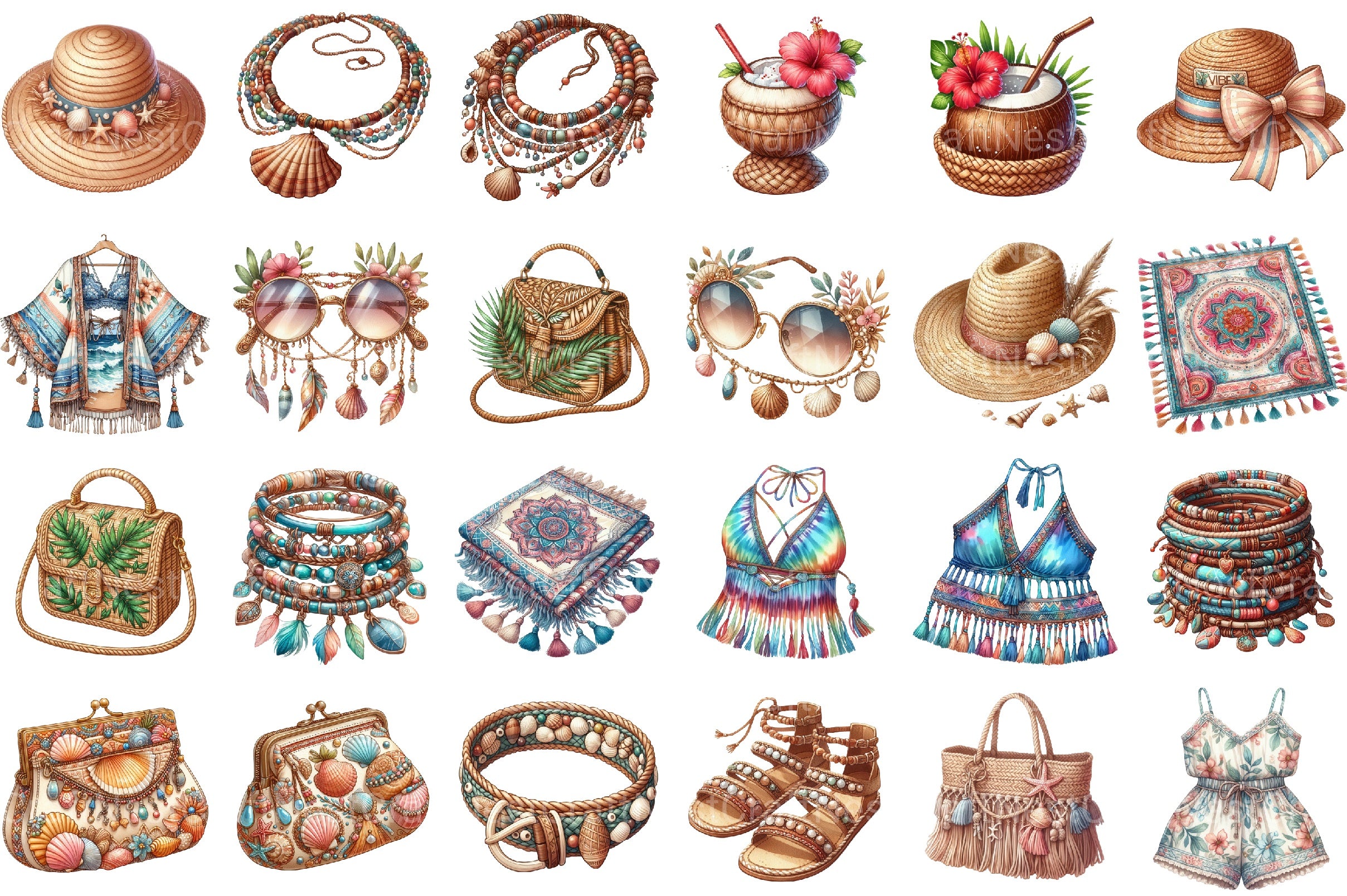 Boho Summer Fashion Coastal Set Clipart Bundle - CraftNest - Digital Crafting and Art