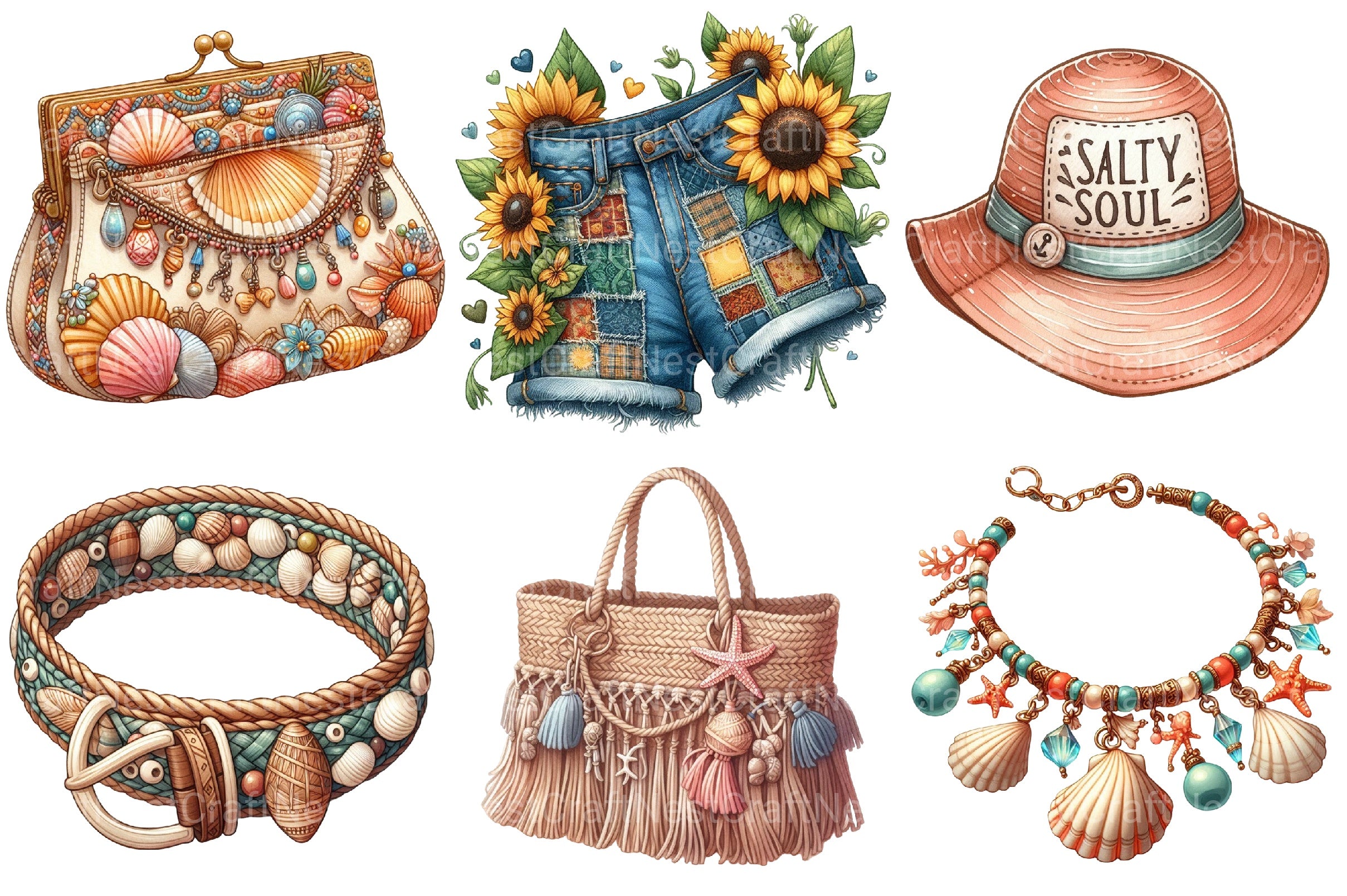 Boho Summer Fashion Coastal Set Clipart Bundle - CraftNest - Digital Crafting and Art