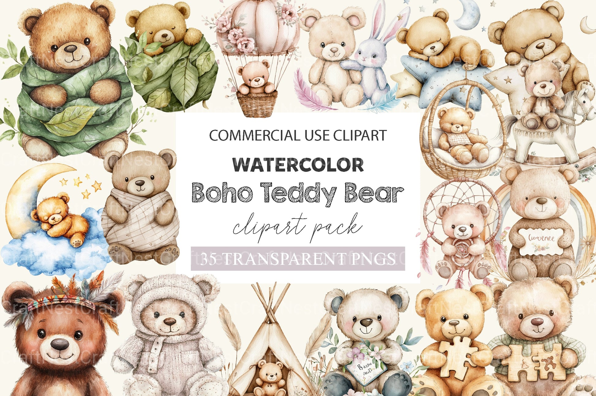 Boho Teddy Bear Baby Clipart Bundle - CraftNest - Digital Crafting and Art
