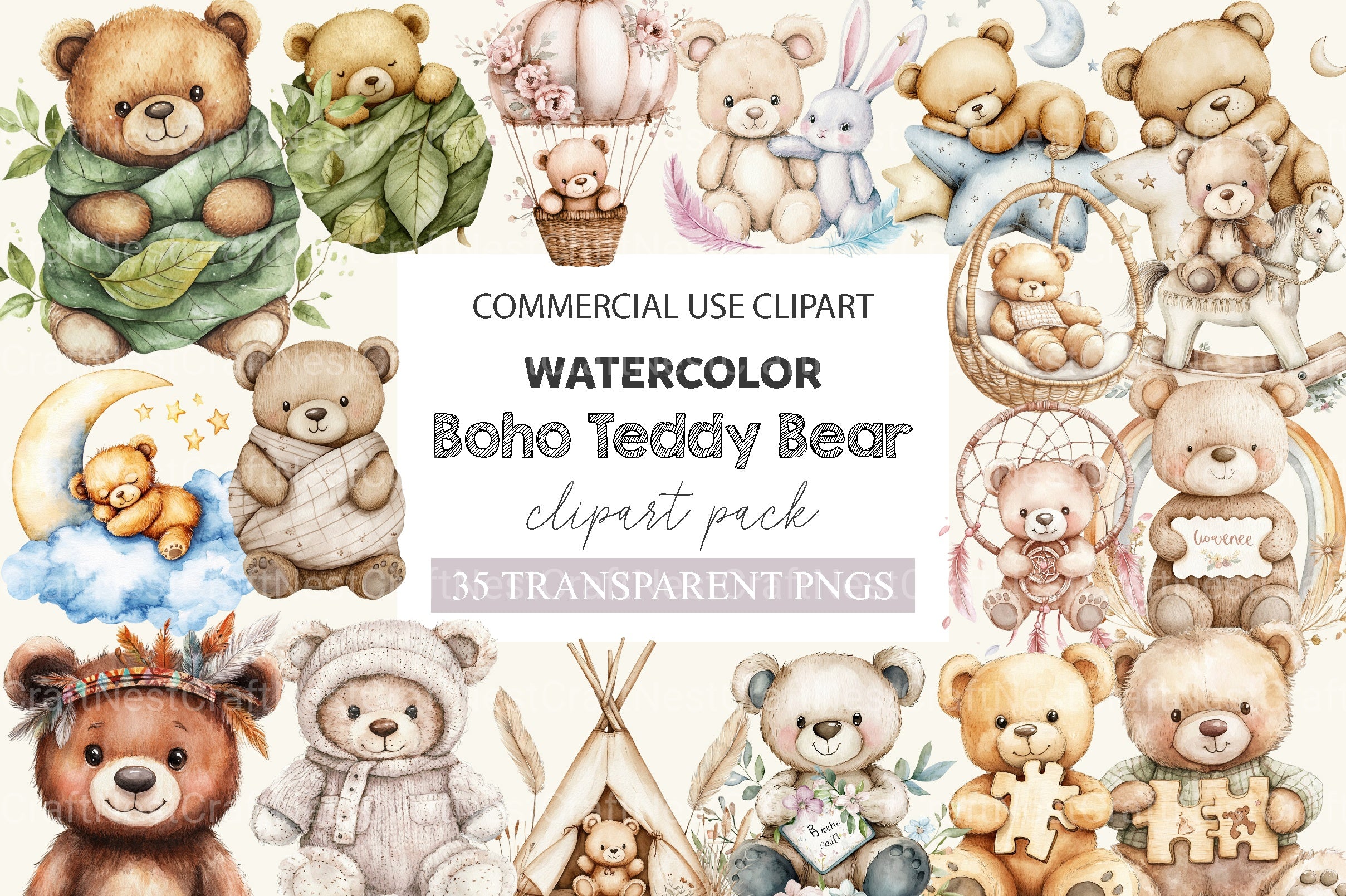 Boho Teddy Bear Baby Clipart Bundle - CraftNest - Digital Crafting and Art