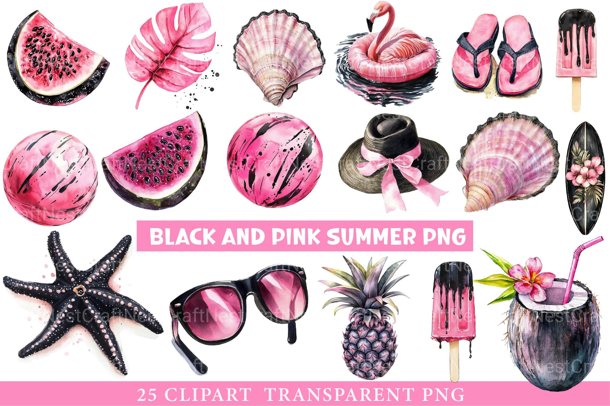 Black and Pink Summer Clipart - CraftNest - Digital Crafting and Art