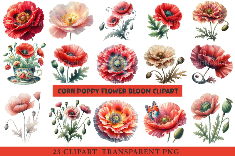 Corn Poppy Flower Bloom Clipart Bundle - CraftNest - Digital Crafting and Art