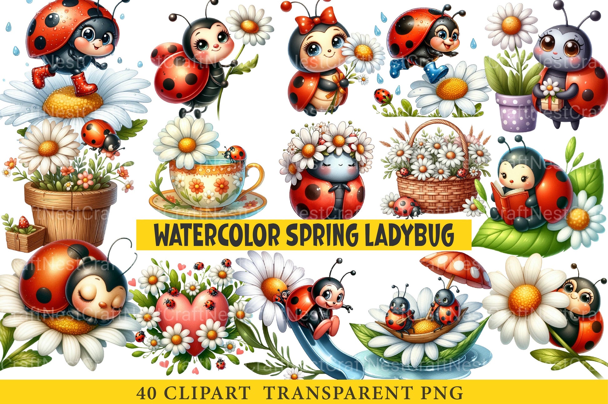 Cute Daisy Spring Ladybug Clipart Bundle - CraftNest - Digital Crafting and Art