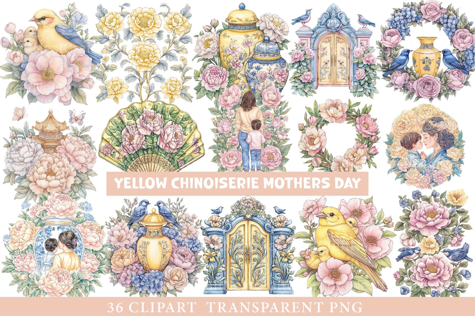 Yellow Chinoiserie Mother’s Day Clipart 1 - CraftNest - Digital Crafting and Art