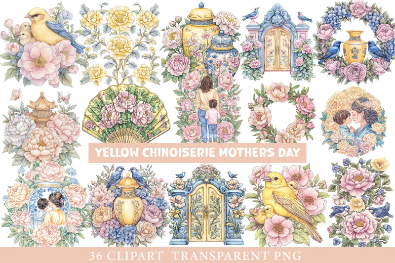 Yellow Chinoiserie Mother’s Day Clipart 1 - CraftNest - Digital Crafting and Art