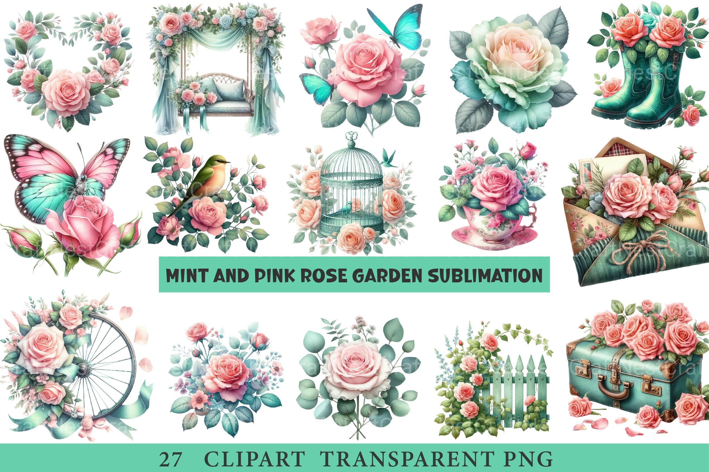 Mint and Pink Rose Garden Clipart - CraftNest - Digital Crafting and Art