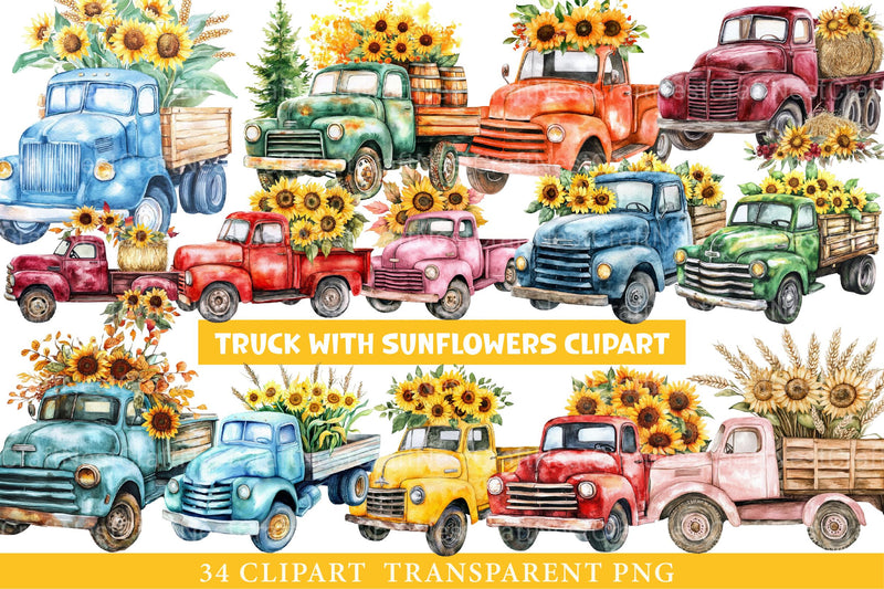 Truck with Sunflowers Clipart - CraftNest - Digital Crafting and Art