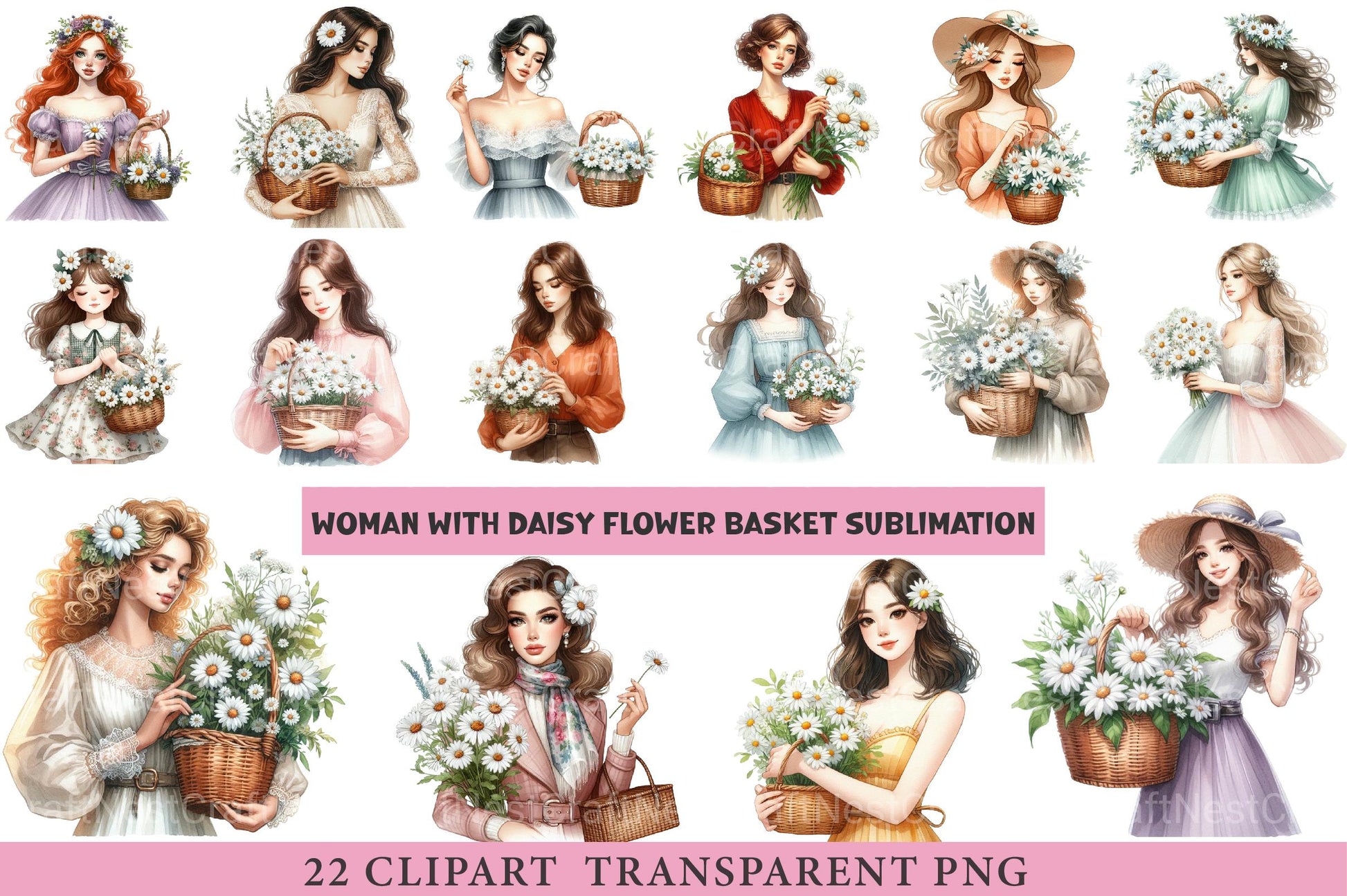 Woman With Daisy Flower Basket Clipart - CraftNest - Digital Crafting and Art
