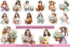 Woman With Daisy Flower Basket Clipart - CraftNest - Digital Crafting and Art