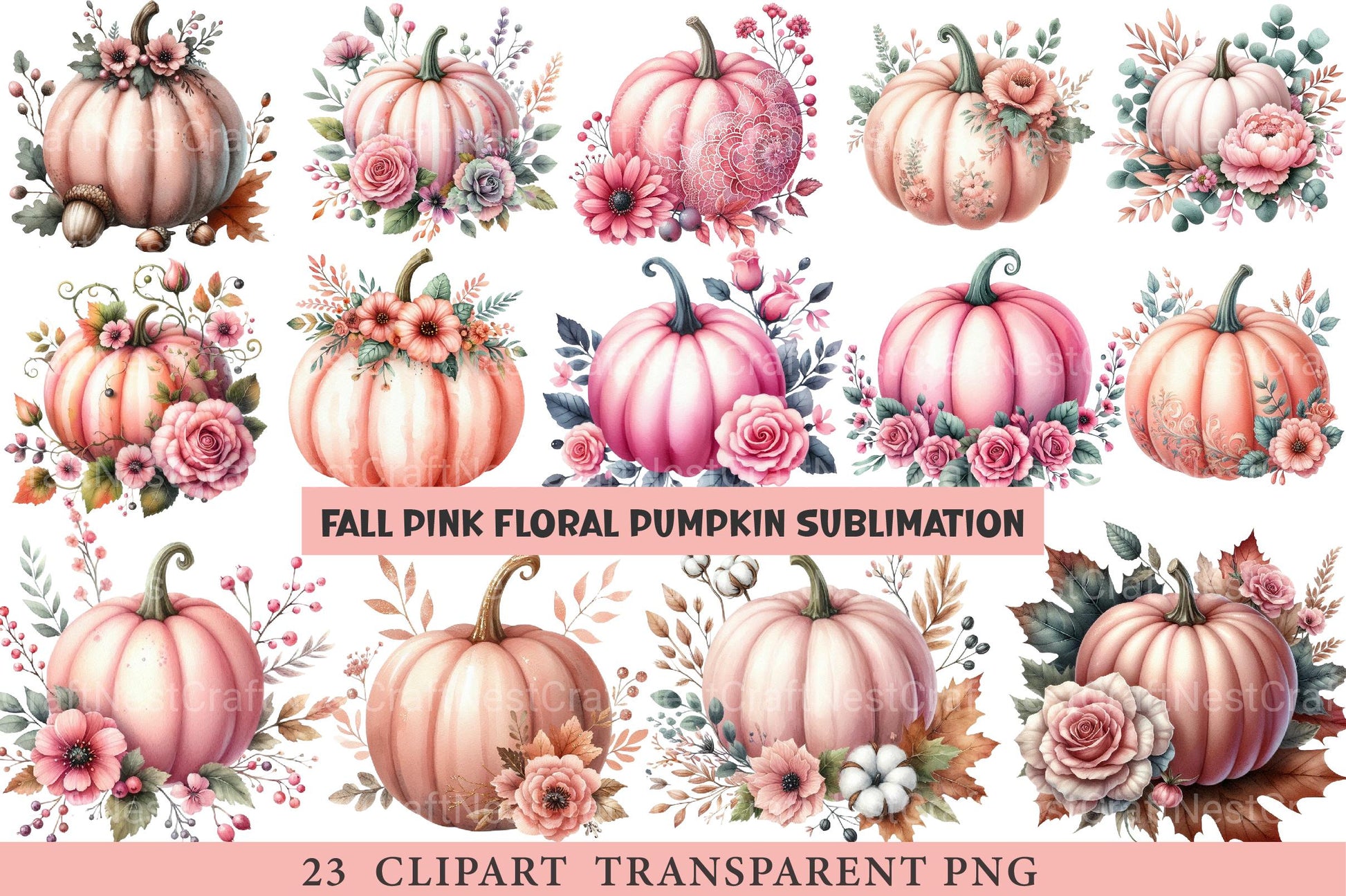 Fall Pink Floral Pumpkin Clipart - CraftNest - Digital Crafting and Art