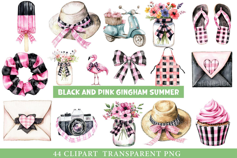 Black and Pink Gingham Summer Clipart - CraftNest - Digital Crafting and Art