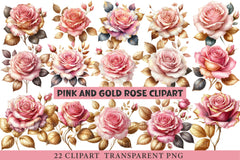 Pink and Gold Rose Clipart - CraftNest - Digital Crafting and Art