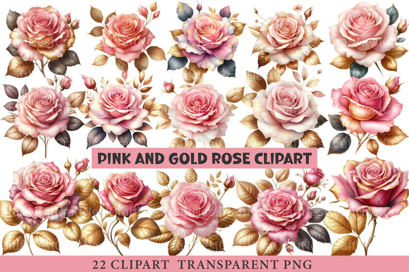 Pink and Gold Rose Clipart - CraftNest - Digital Crafting and Art