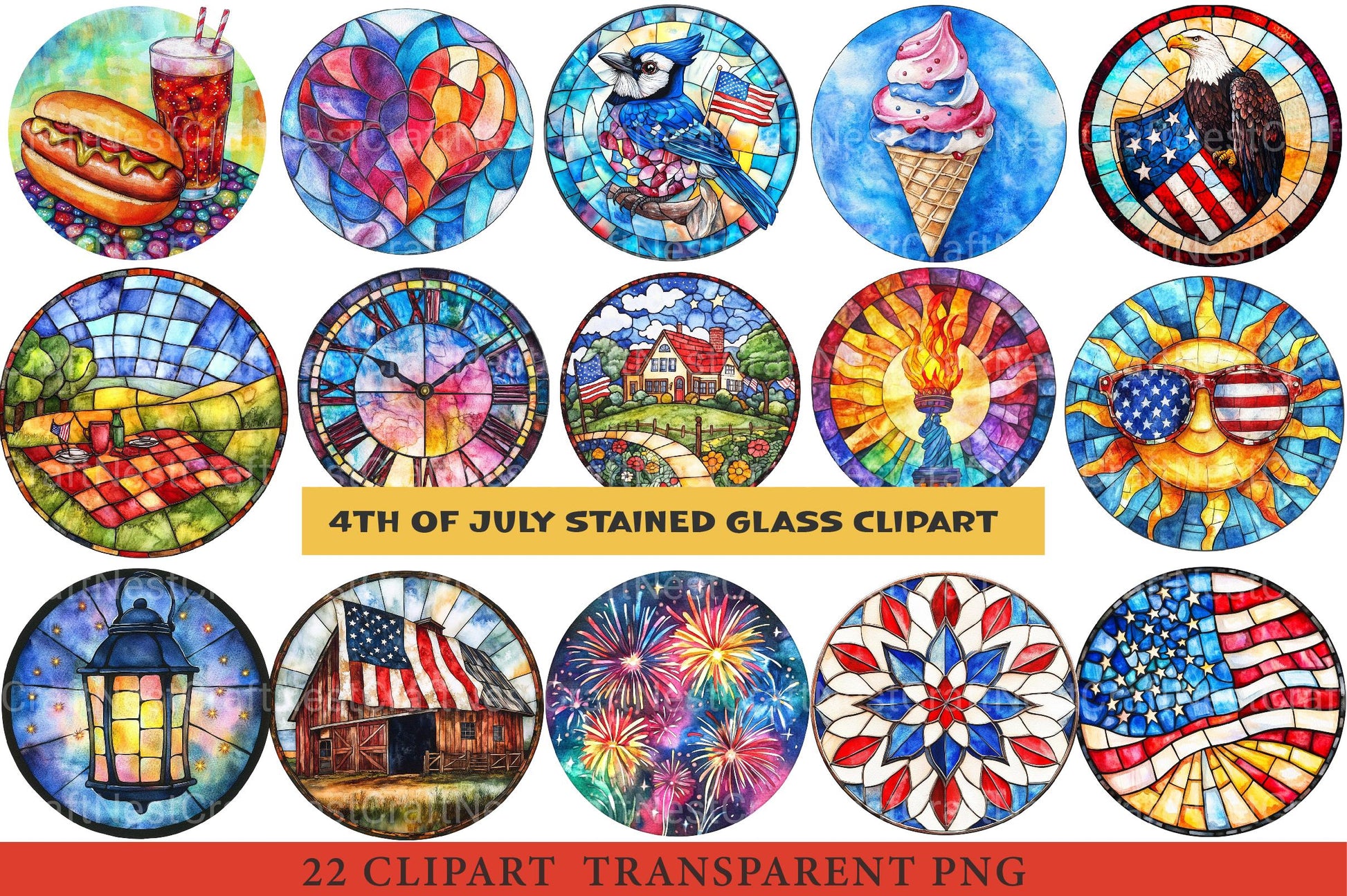 4th of July Stained Glass Clipart - CraftNest - Digital Crafting and Art