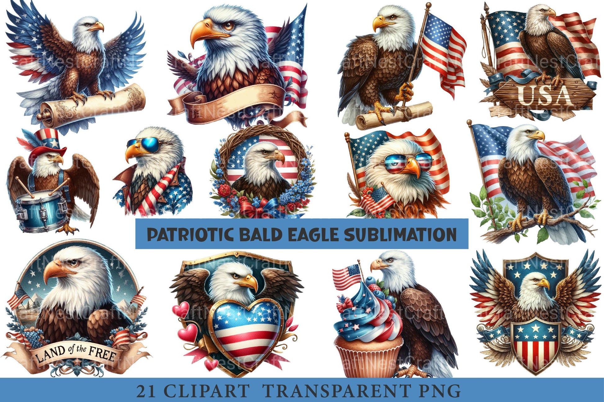 Patriotic Bald Eagle Clipart Bundle - CraftNest - Digital Crafting and Art