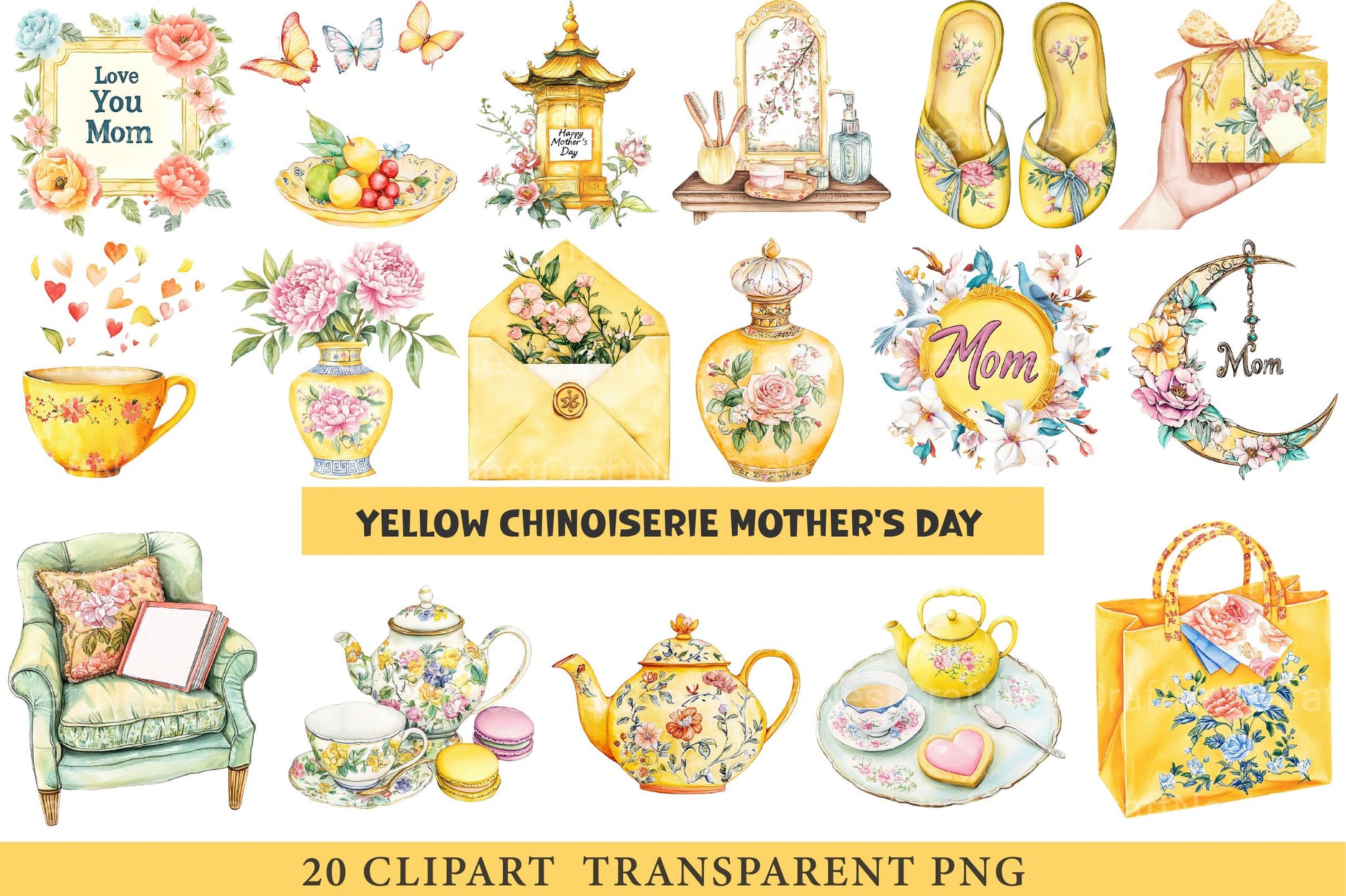 Yellow Chinoiserie Mother’s Day Clipart - CraftNest - Digital Crafting and Art