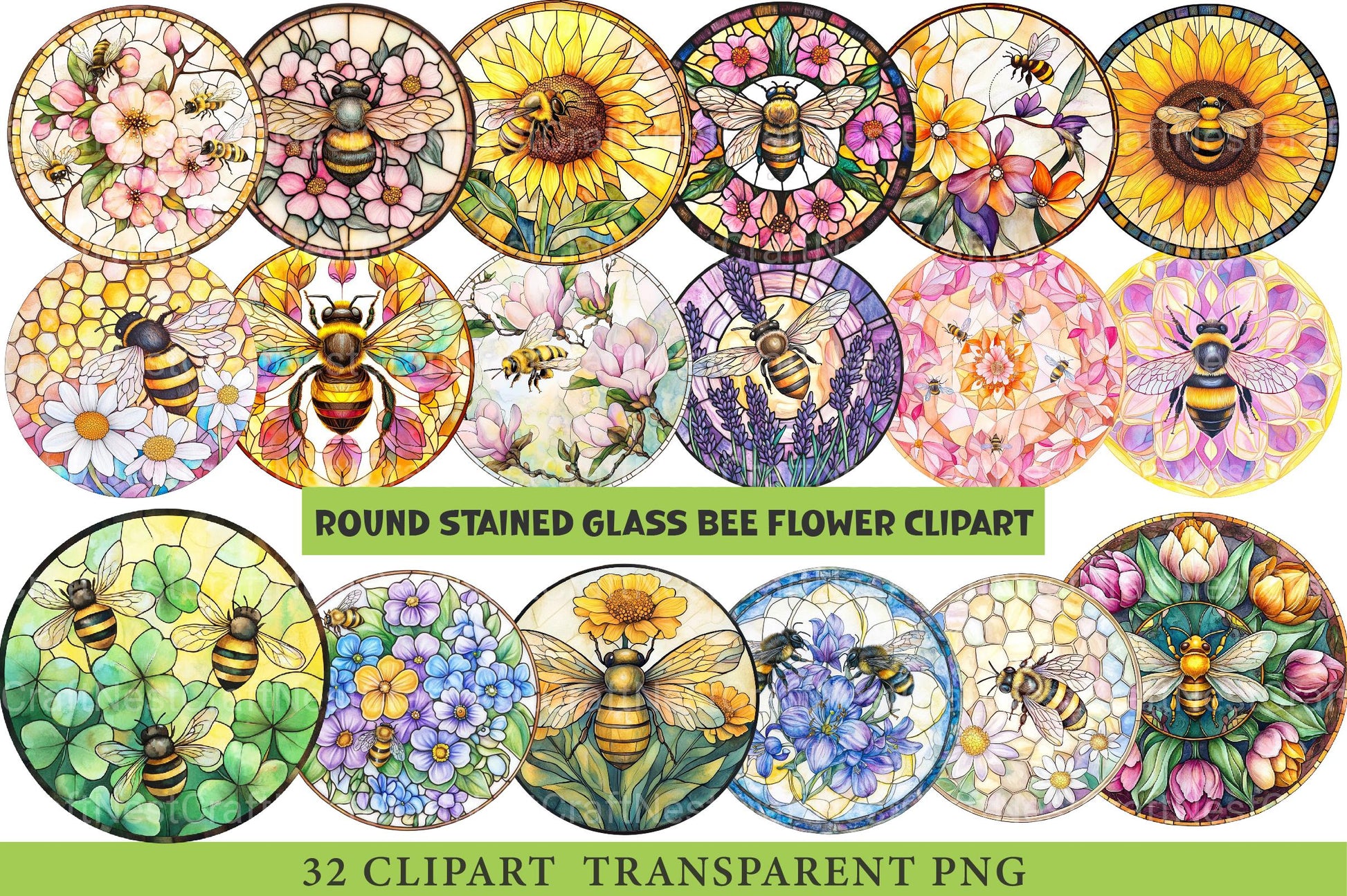 Round Stained Glass Bee Flower Clipart - CraftNest - Digital Crafting and Art