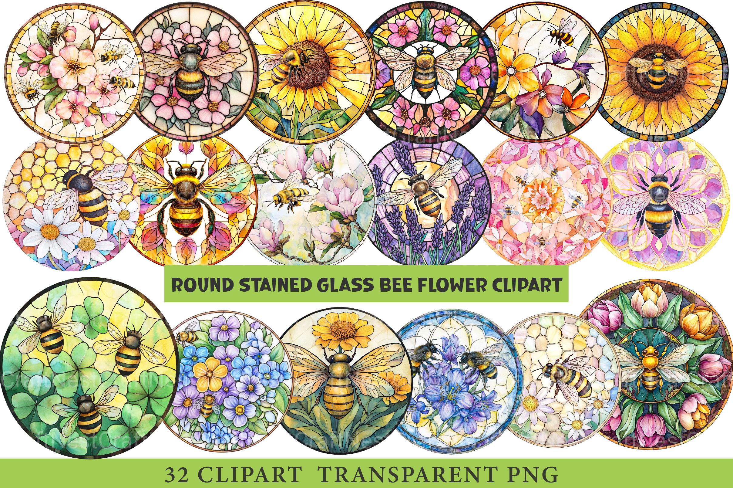 Round Stained Glass Bee Flower Clipart - CraftNest - Digital Crafting and Art