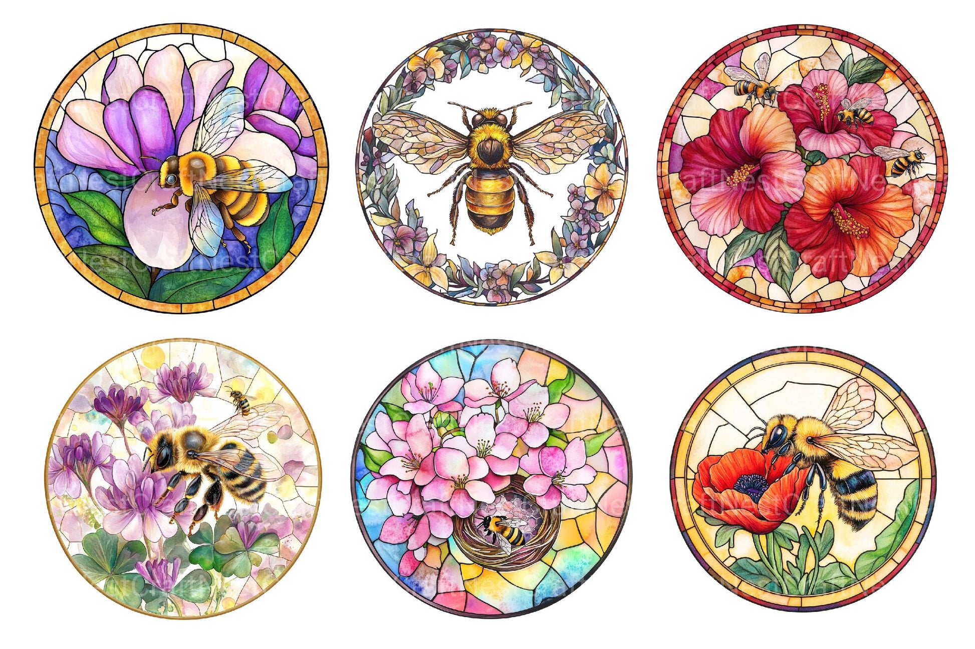 Round Stained Glass Bee Flower Clipart - CraftNest - Digital Crafting and Art