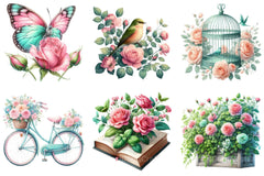 Mint and Pink Rose Garden Clipart - CraftNest - Digital Crafting and Art