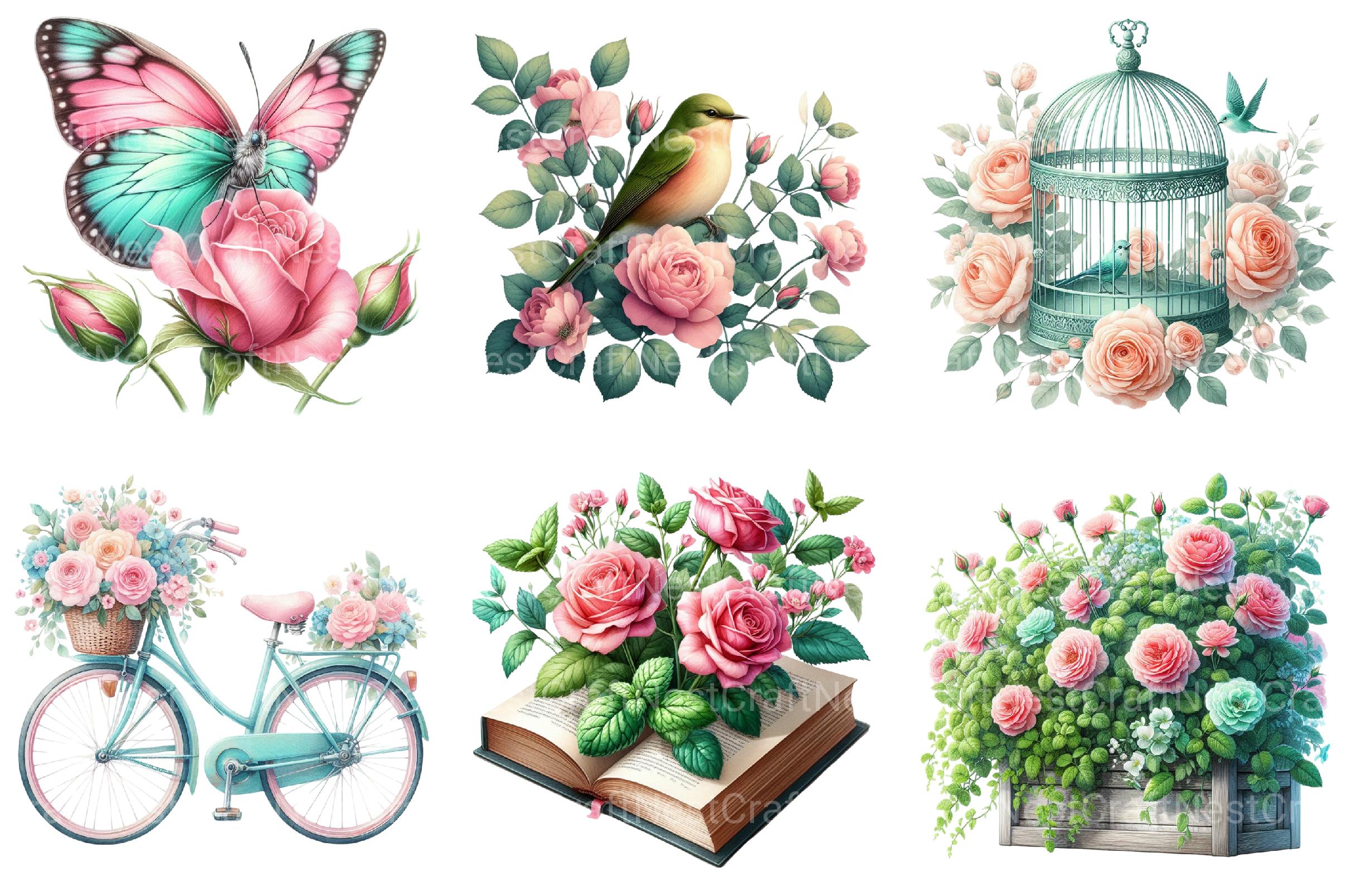 Mint and Pink Rose Garden Clipart - CraftNest - Digital Crafting and Art