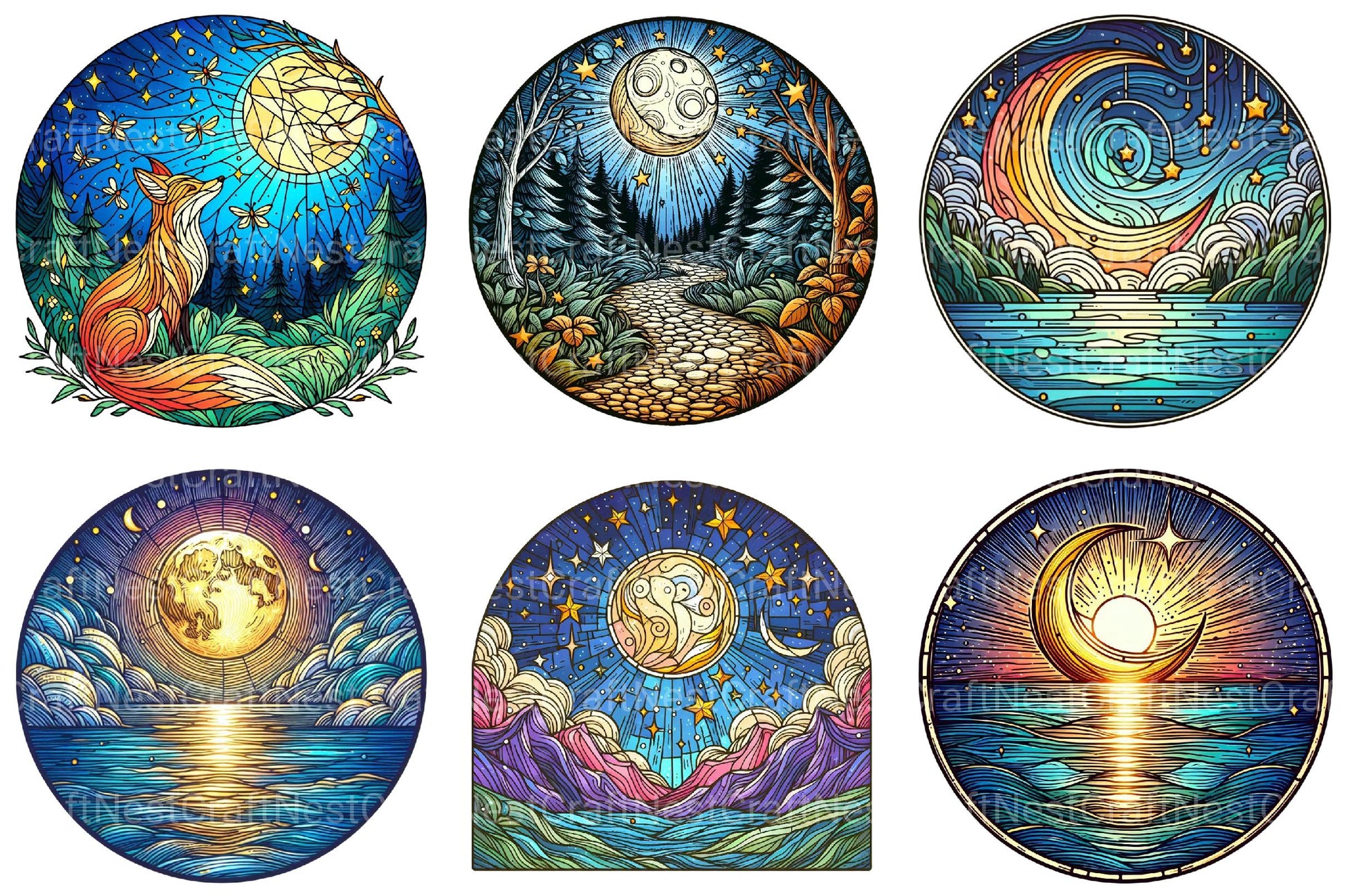 Moonlit Nights Round Stained Glass Clipart - CraftNest - Digital Crafting and Art
