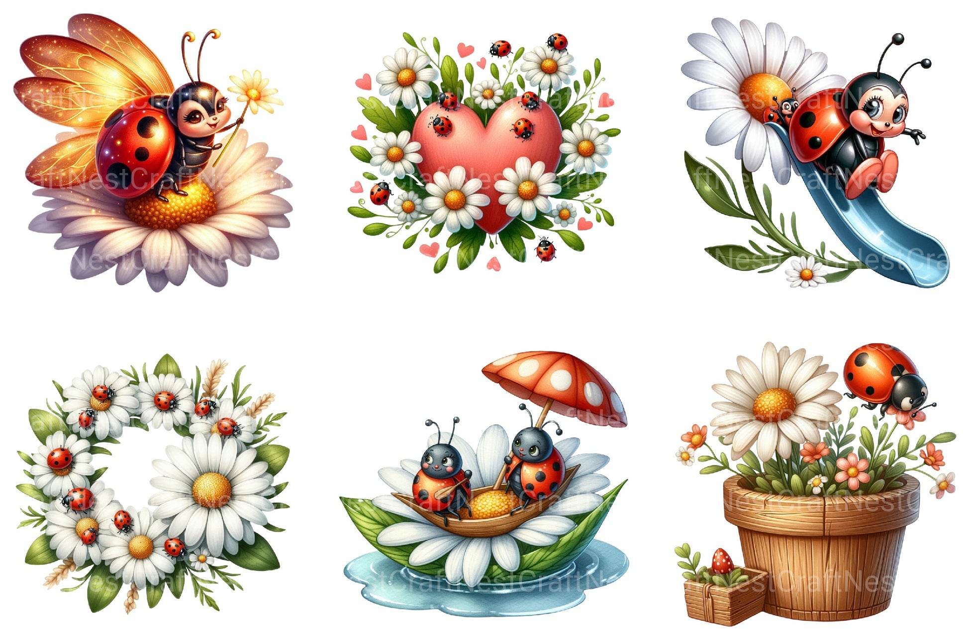 Cute Daisy Spring Ladybug Clipart Bundle - CraftNest - Digital Crafting and Art