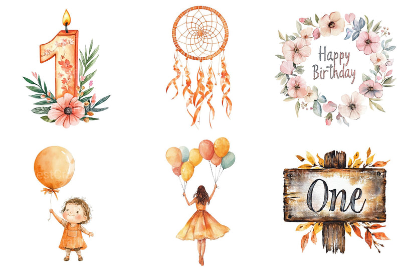 Boho Burnt Orange Birthday Clipart - CraftNest - Digital Crafting and Art