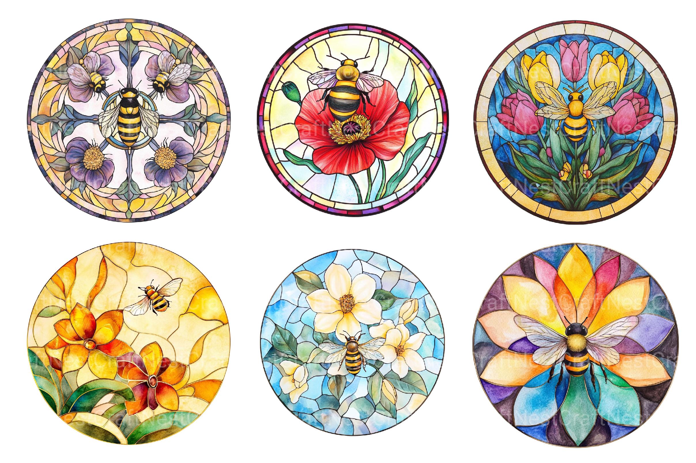 Round Stained Glass Bee Flower Clipart - CraftNest - Digital Crafting and Art