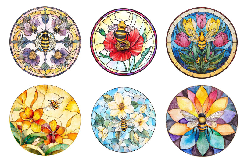 Round Stained Glass Bee Flower Clipart - CraftNest - Digital Crafting and Art