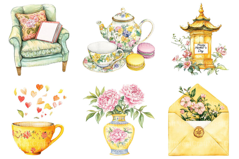 Yellow Chinoiserie Mother’s Day Clipart - CraftNest - Digital Crafting and Art