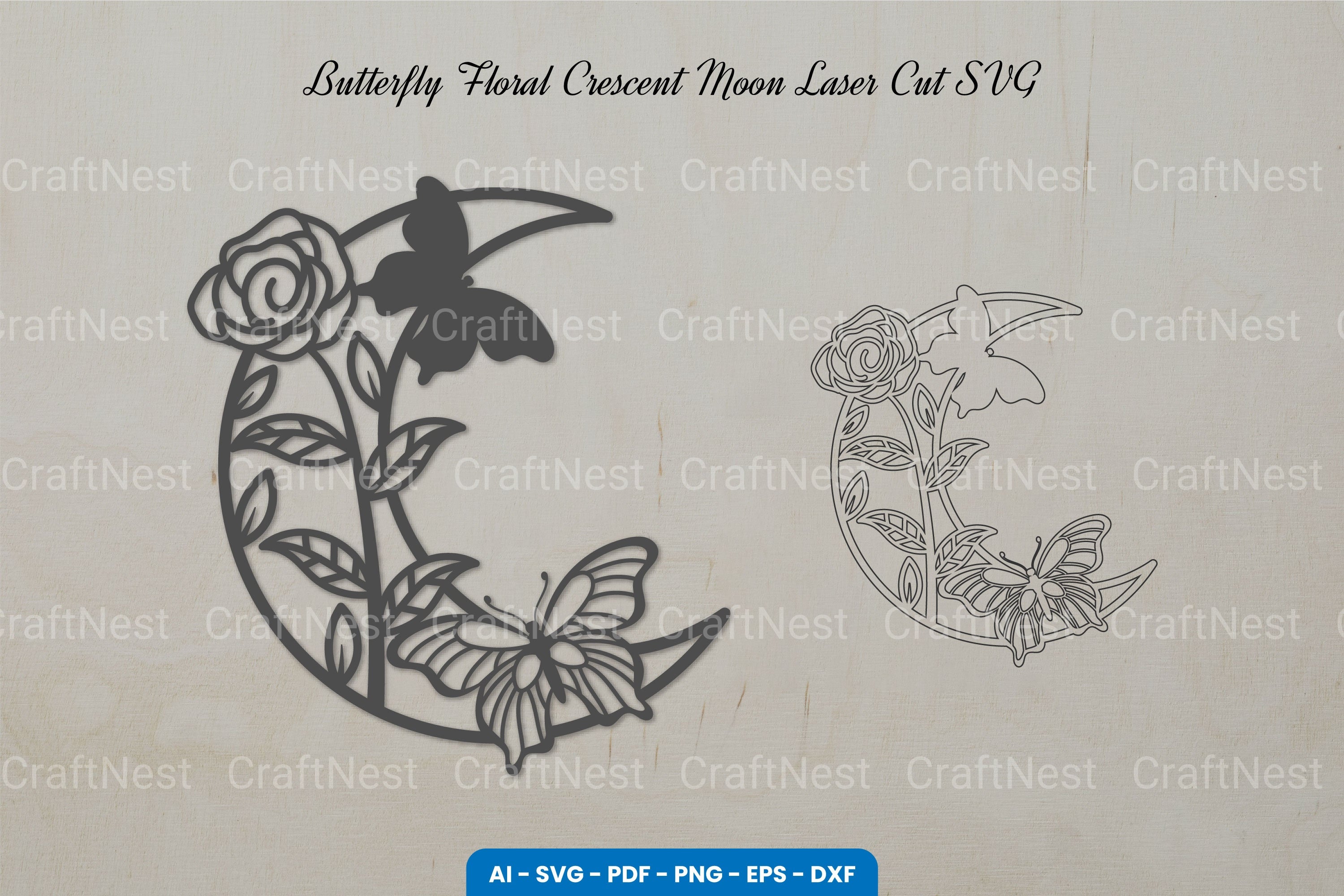 Butterfly Floral Crescent Moon Laser Cut SVG Clipart Bundle