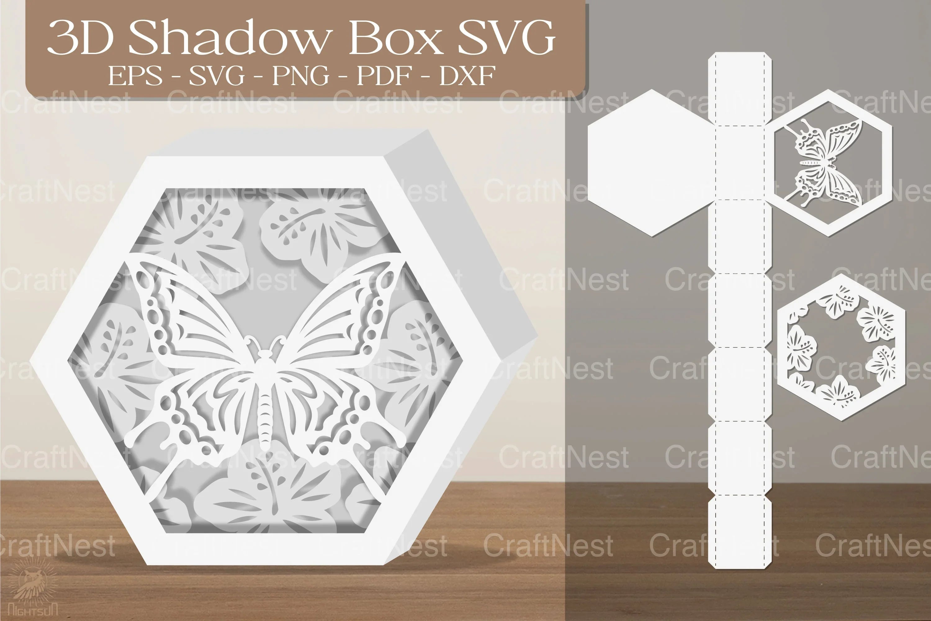 Butterfly Hexagon 3D Shadow Box Papercut Design Bundle - CraftNest - Digital Crafting and Art
