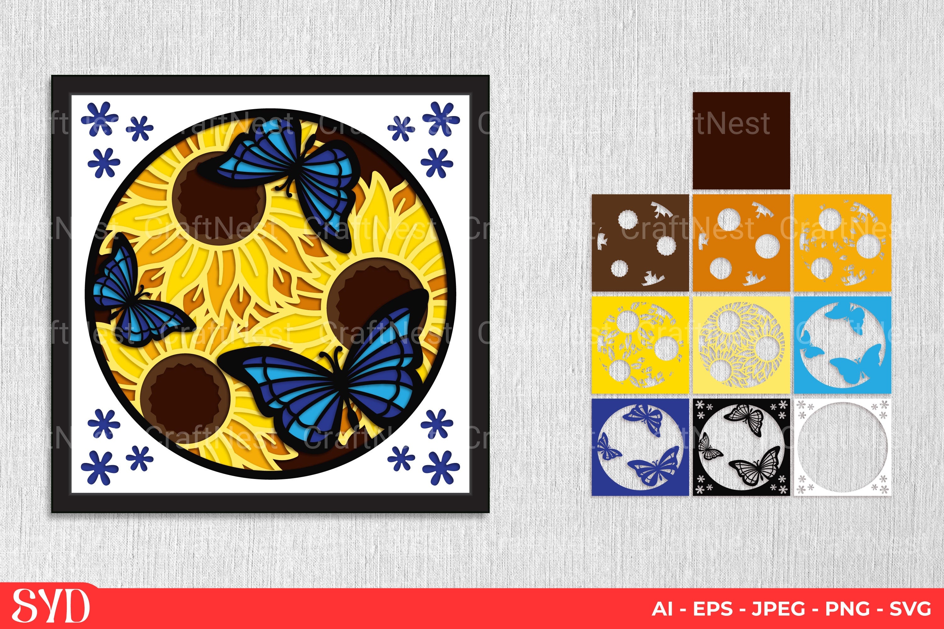 Butterfly and Sunflower 3D Layered Papercut Clipart Bundle